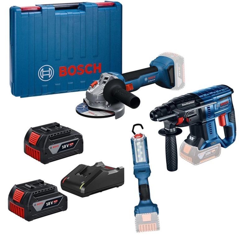 Amoladora 5" 2 Bat + Rotomartillo Sds-Plus 18V Brushless + Linterna