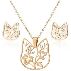 GENERICO - Set collar y aretes gato y flores dorado