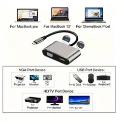 GENERICO - Adaptador hub Usb 3.1 Tipo C A Hdmi Hembra+ Vga + Usb + Tipo C 4 en 1