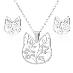 GENERICO - Set collar y aretes gato y flores plateado