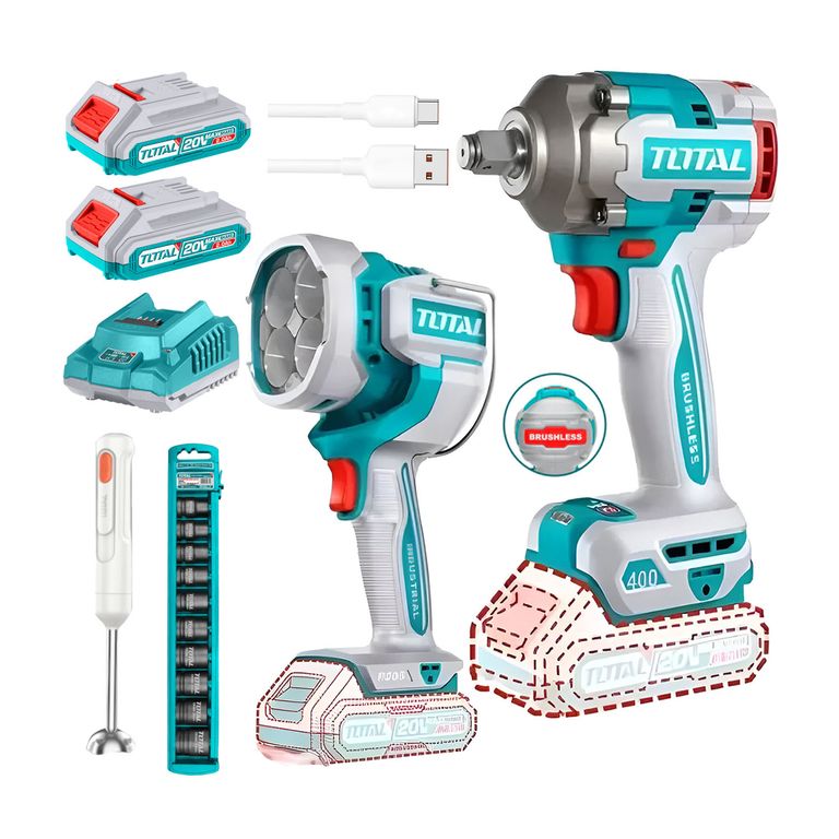 LLAVE DE IMPACTO 20V INALÁMBRICO + LINTERNA DE TRABAJO 2BATS