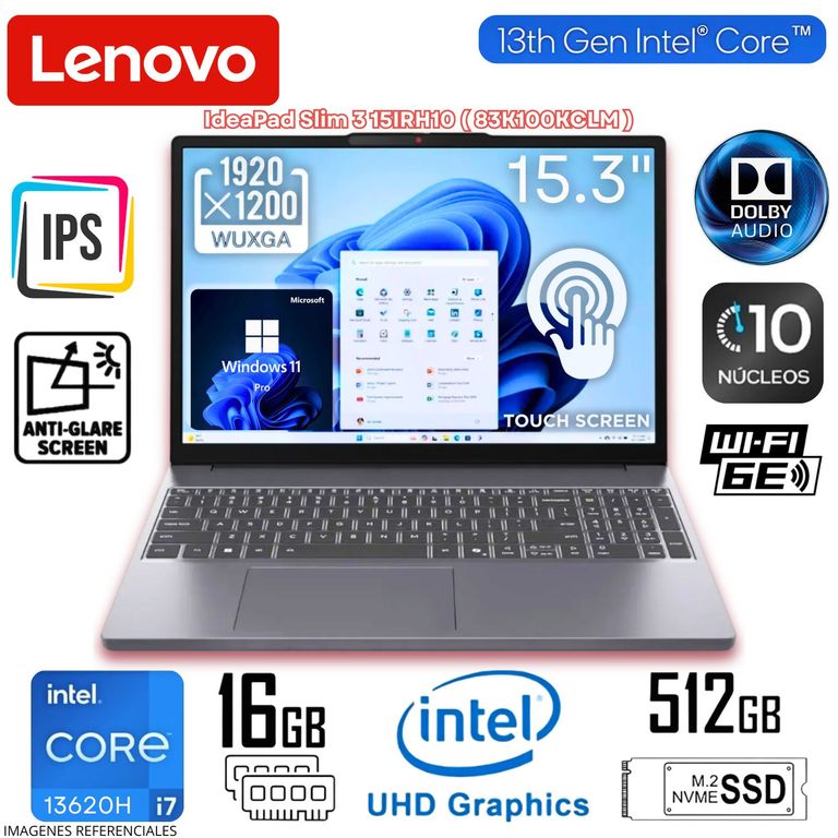 Laptop IdeaPad Slim 3 15IRH10 Intel Core i7-13620H 16GB RAM 512GB SSD 15.3" WUXGA 83K100KCLM