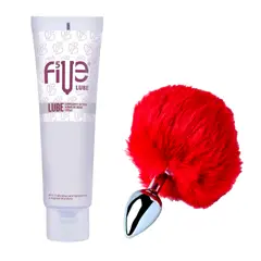 DR PINKY - Plug Anal Conejo Dilatador Pompón Rojo+ Lubricante Five Base de Agua