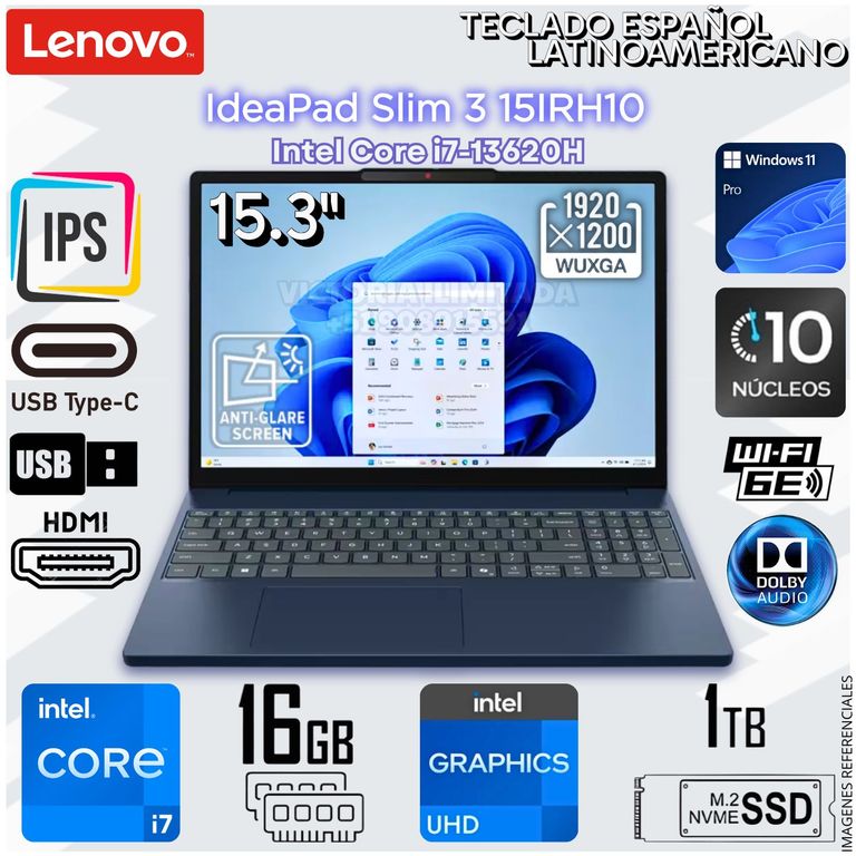 Laptop Ideapad Slim 3 83K100NALM Intel Core i7-13620H 16GB RAM 1TB SSD 15.3" WUXGA