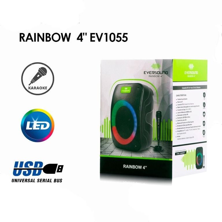 PARLANTE PORTATIL RAINBOW 4“ EV1055 FM USB SD BLUETOOTH