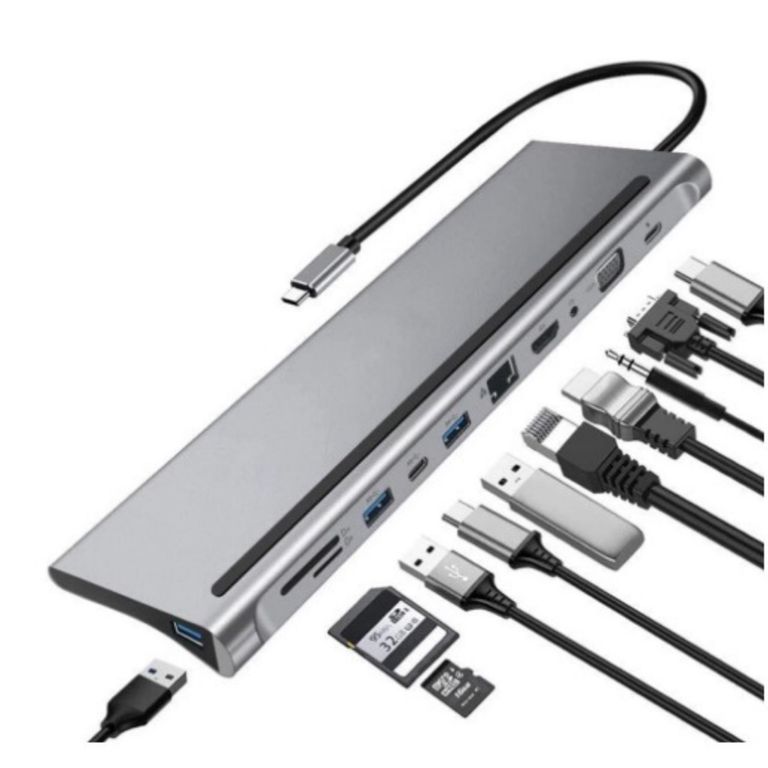 Adaptador Hub 3.1 Tipo C 11 En 1 Hdmi Vga Rj45 Sd Usb Auxiliar