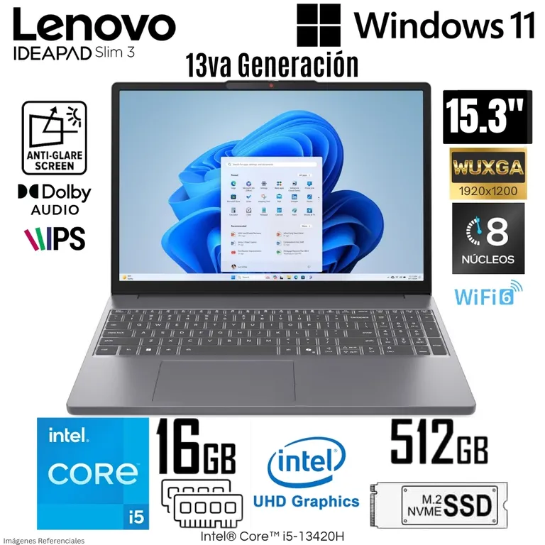 Laptop IdeaPad Slim 3 Intel Core i5-13420H 16GB RAM 512GB SSD 15.3" WUXGA IPS - 83K100C3LM