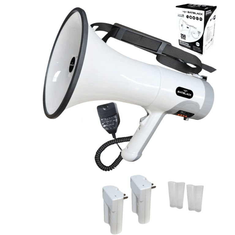 Megáfono recargable de 250w con sistema de grabación y sirena