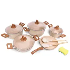 ICHIMATSU - Juego de Ollas de Aluminio Color Café con Tapas de Cristal x12 Piezas