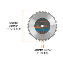 TRUPER - Sierra Circular Para Madera 12", 60 Dientes, Centro 1" 18312