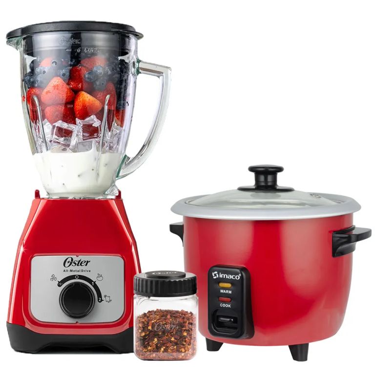 Licuadora con Vaso de Vidrio BLSTKAGRRD + Olla Arrocera RC006R Imaco