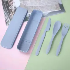 GENERICO - SET DE 3 CUBIERTOS ECOLÓGICOS PORTÁTIL COLOR CELESTE