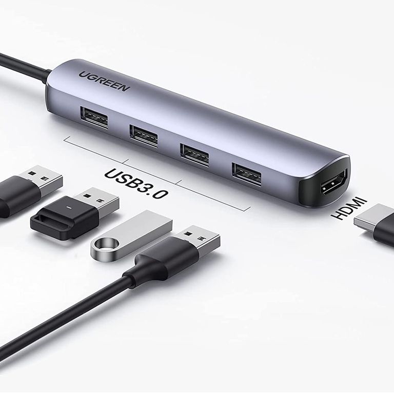 Adaptador multipuertos 5 en 1 con HDMI 4K, USB-C y USB 3.0 x3, para laptops, MacBook, tablets