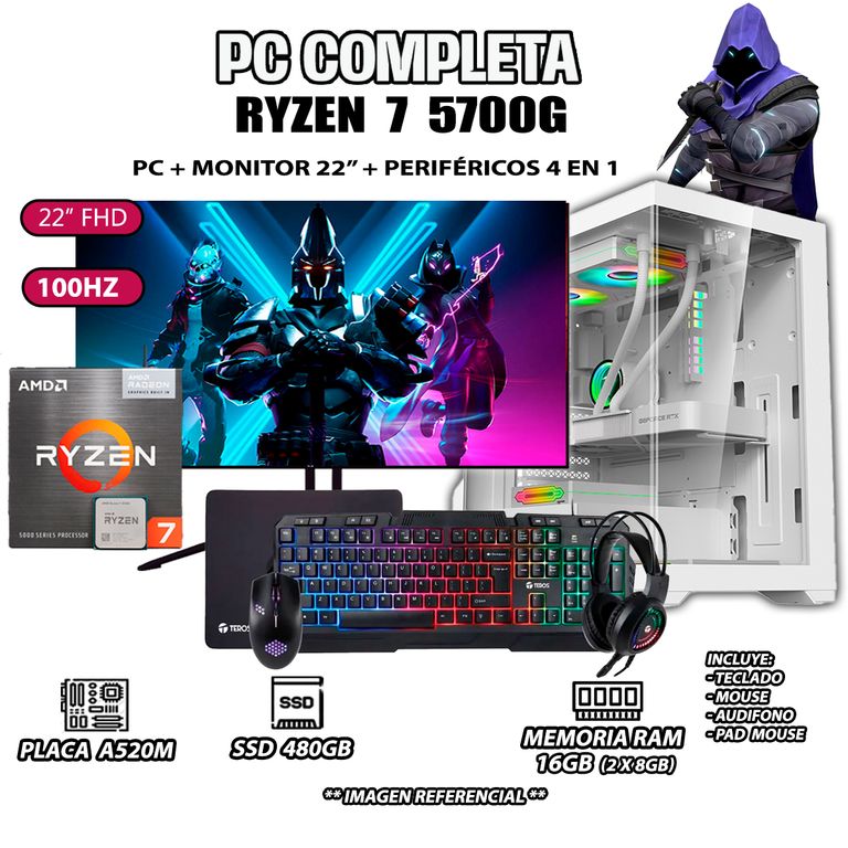 Computadora Completa Ryzen 7 5700G RAM 16GB DISCO SSD 500GB MONITOR 22" Full HD