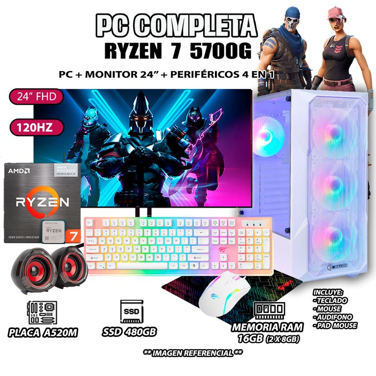 Computadora Completa Ryzen 7 5700G RAM 16GB DISCO SSD 500GB MONITOR 24" Full HD
