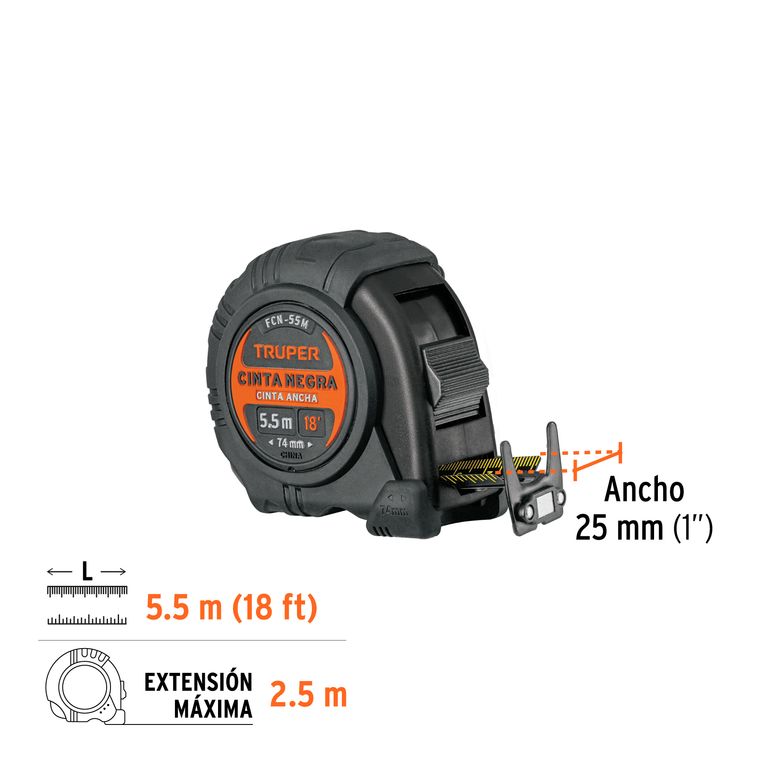 Wincha Métrica 5.5 Mts Cinta Negra 1"(25mm) 11745