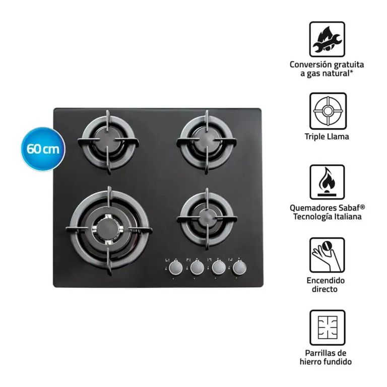 COCINA A GAS GLP 4 HORNILLAS EGI-604VDNEG ENCIMERA