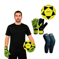 FUBBALL - Kit de Arquero Futbol Adulto - Guantes + Pelota Cuero + Protector de Rodilla L