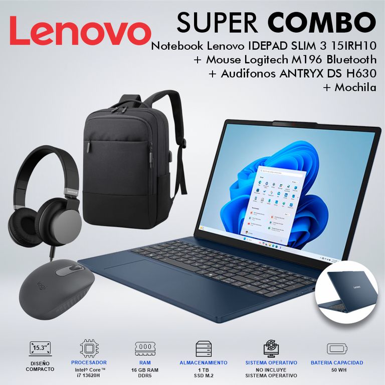 LAPTOP IDEPAD SLIM 3 15IRH10 INTEL CORE I7-13620H MEMORIA 16GB DISCO 1TB