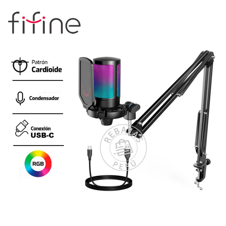 Micrófono Gamer A6T USB Negro Cardioide con Brazo RGB