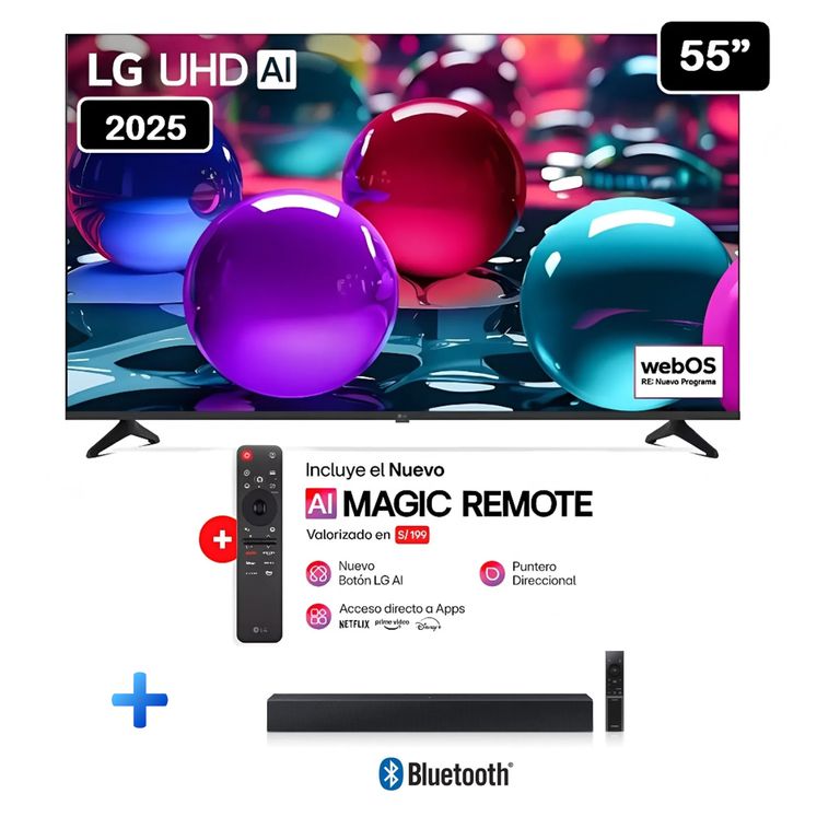 Televisor 55 Pulg Ultra HD 4K AI ThinQ 55UA7300 Modelo 2025- Negro + Soundbar