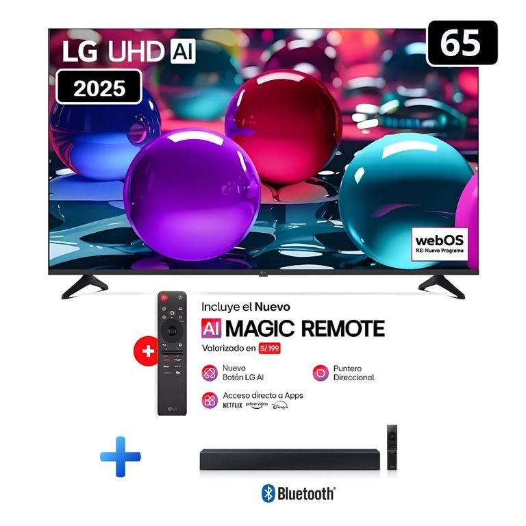 Televisor 65 Pulg Ultra HD 4K AI ThinQ 65UA7300 Modelo 2025- Negro + Soundbar