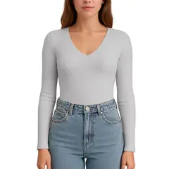 GENERICO - Polo MLarga Cuello V Rib Acanalado con Forro Lul810 Fab-17 Color Gris