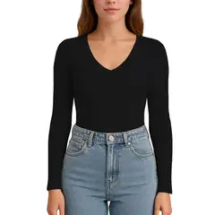 GENERICO - Polo MLarga Cuello V Rib Acanalado con Forro Lul810 Fab-17 Negro