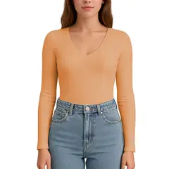 GENERICO - Polo MLarga CuelloV Rib Acanalado con Forro Lul810 Fab-17 Caramelo