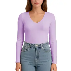 GENERICO - Polo MLarga Cuello V Rib Acanalado con Forro Lul810 Fab-17 Color Lila