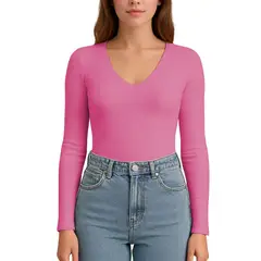 GENERICO - Polo MLarga CuelloV Rib Acanalado con Forro Lul810 Fab-17 Color Rosa