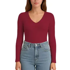 GENERICO - Polo MLarga Cuello V Rib Acanalado con Forro Lul810 Fab-17 Color Vino