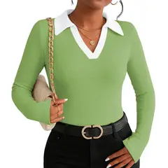 GENERICO - Polo Mujer Camisero Bi Manga Larga Sab-16 Rib Color Verde Oliva
