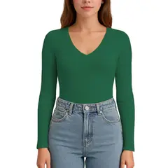 GENERICO - Polo MLarga CuelloV Rib Acanalado con Forro Lul810 Fab-17 Verde Oscuro