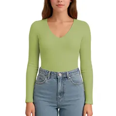 GENERICO - Polo MLarga Cuello V Rib Acanalado con Forro Lul810 Fab-17 Verde