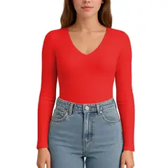 GENERICO - Polo MLarga Cuello V Rib Acanalado con Forro Lul810 Fab-17 Color Rojo