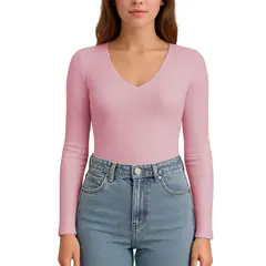 GENERICO - Polo MLarga Cuello V Rib Acanalado con Forro Lul810 Fab-17 Color Rosa