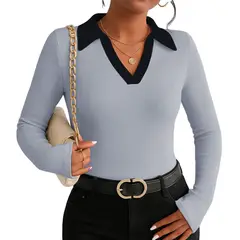 GENERICO - Polo Mujer Camisero Bi Manga Larga Sab-16 Rib Color Gris