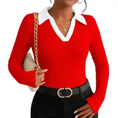 GENERICO - Polo Mujer Camisero Bi Manga Larga Sab-16 Rib Color Rojo