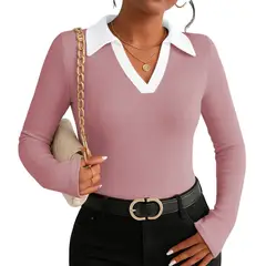 GENERICO - Polo Mujer Camisero Bi Manga Larga Sab-16 Rib Color Rosa