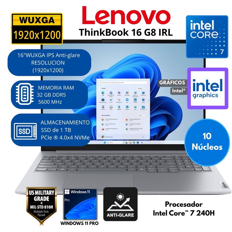 Laptop ThinkBook Intel Core 7 RAM 32 GB SSD 1 TB 16"WUXGA Windows 11 PRO