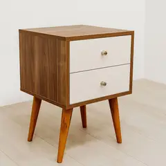 GENERICO - Velador Vintage Mesa De Noche 2 Cajones Blanco Y Bellota