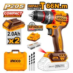 INGCO TOOLS - Taladro Atornillador Percutor Industrial ½ Ingco CIDLI20668 20V 66Nm 2Bat x 2Ah Brushless