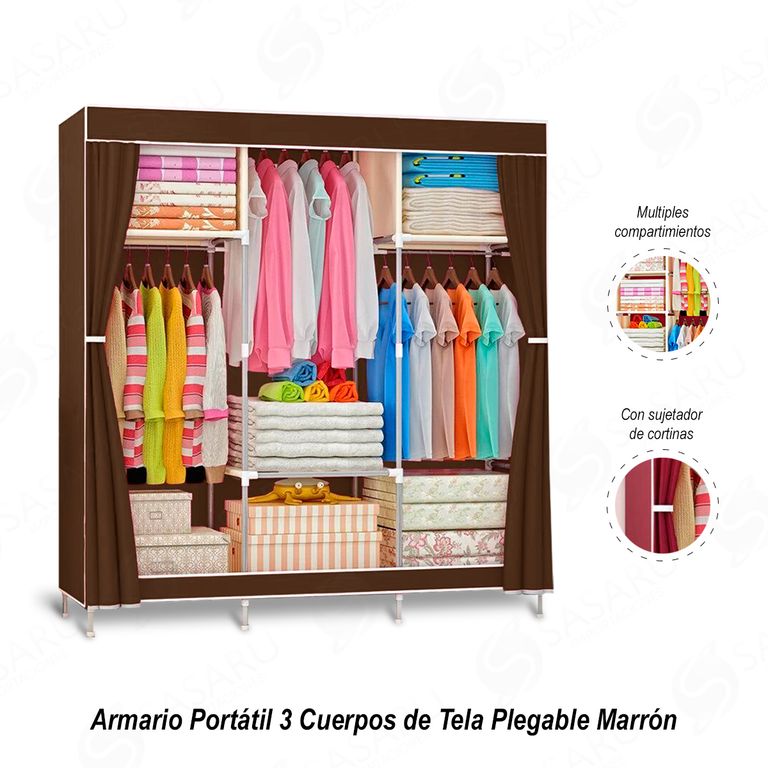Armario Portátil 3 Cuerpos de Tela Plegable Marrón