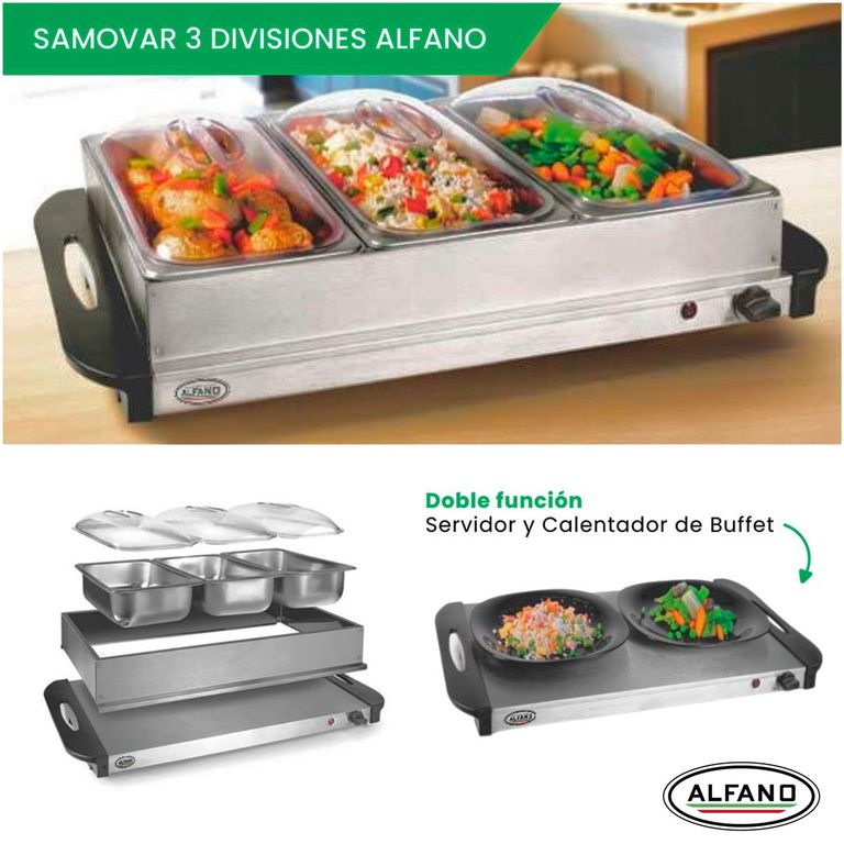 Samovar Calentador y Servido Buffet de 3 divisiones