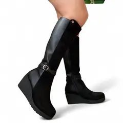 GENERICO - Bota Mujer Cuña 7 Mix Gamuza 2086-70 Color Negro