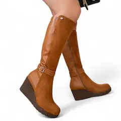 GENERICO - Bota Mujer Cuña 7 Mix Gamuza 2086-70 Color Camel