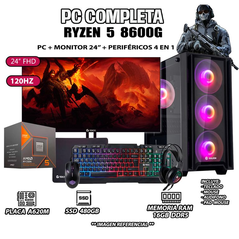 Computadora PC Completa Ryzen 5 8600G RAM 16GB SSD 500GB MONITOR 24" FULL HD