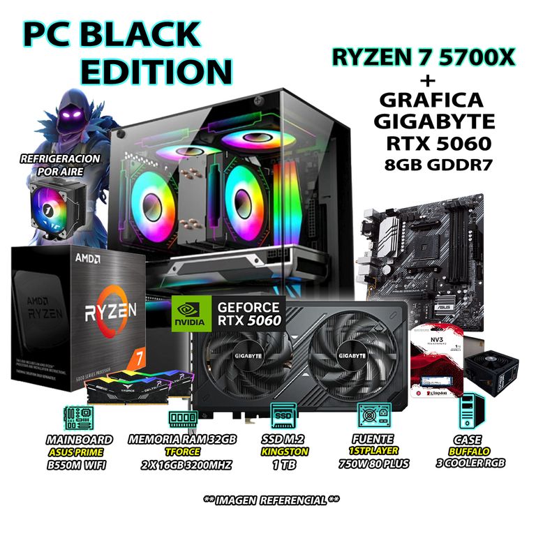 Computadora PC RYZEN 7 5700X RAM 32GB SSD 1TB GRAFICA RTX 5060 8GB