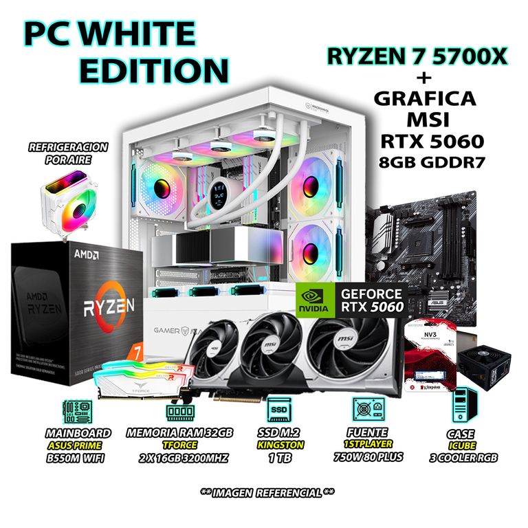 Computadora PC RYZEN 7 5700X RAM 32GB SSD 1TB GRAFICA RTX 5060 8GB